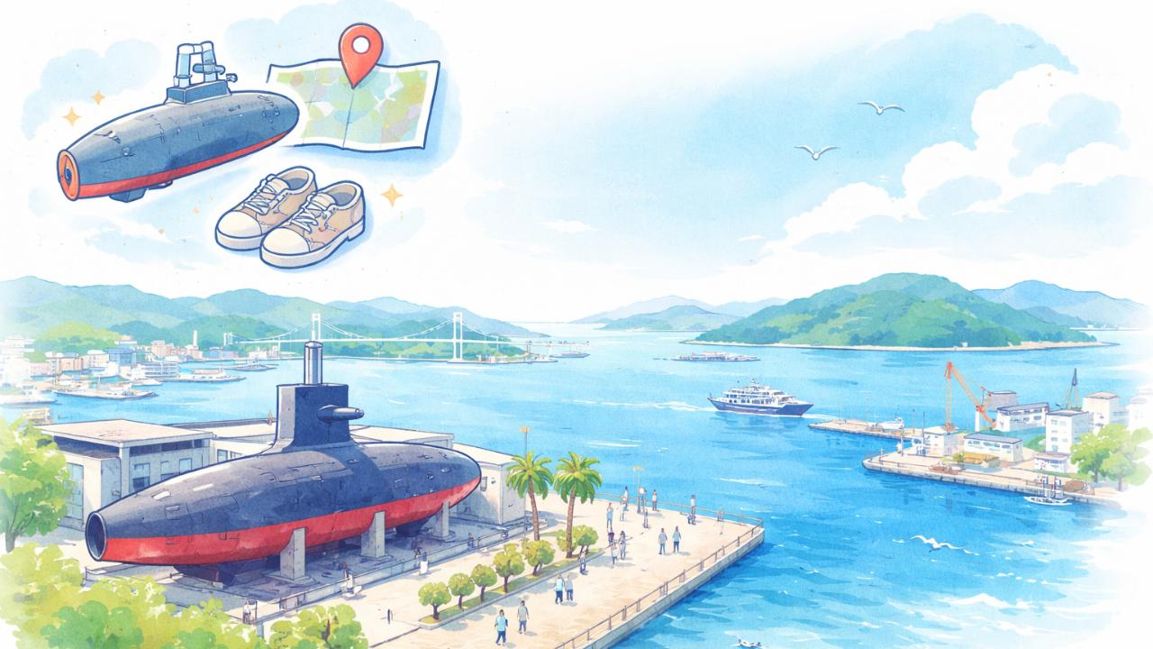 潜水艦展示施設と港の散策を連想させるアイコン＋風景の合成イラスト風