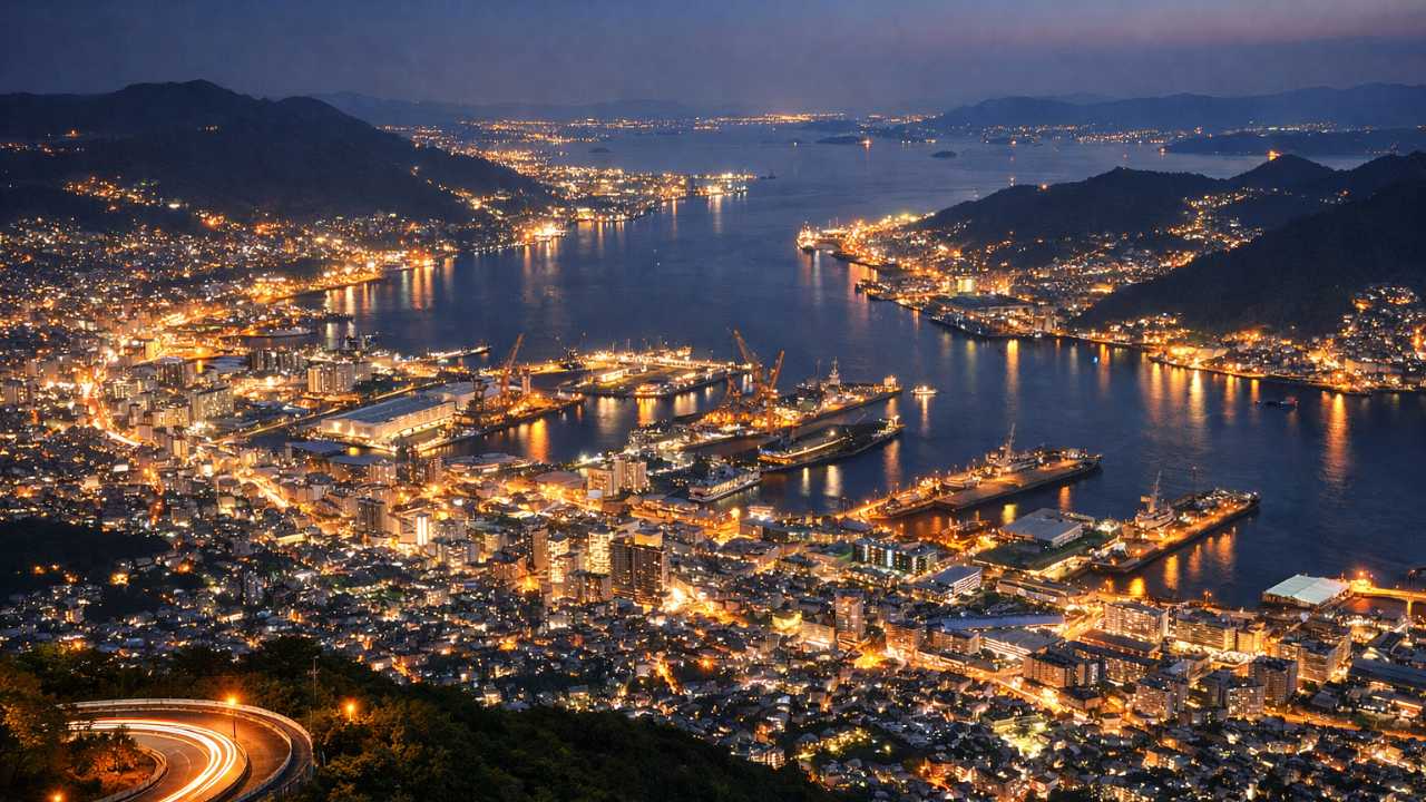 灰ヶ峰の夜景：広島県呉市の山頂展望台から港と市街地の夜景