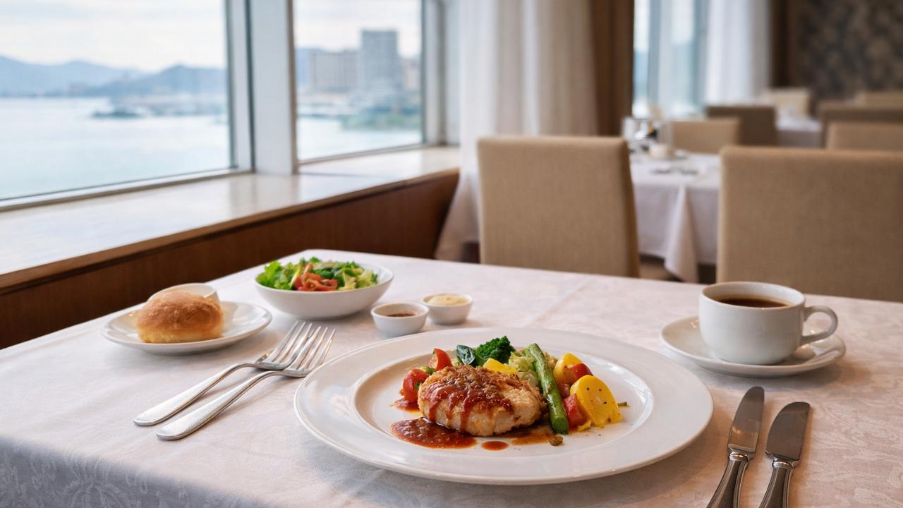 ホテルレストランの明るい窓際席、白い皿に彩りの良いランチプレートとカトラリー