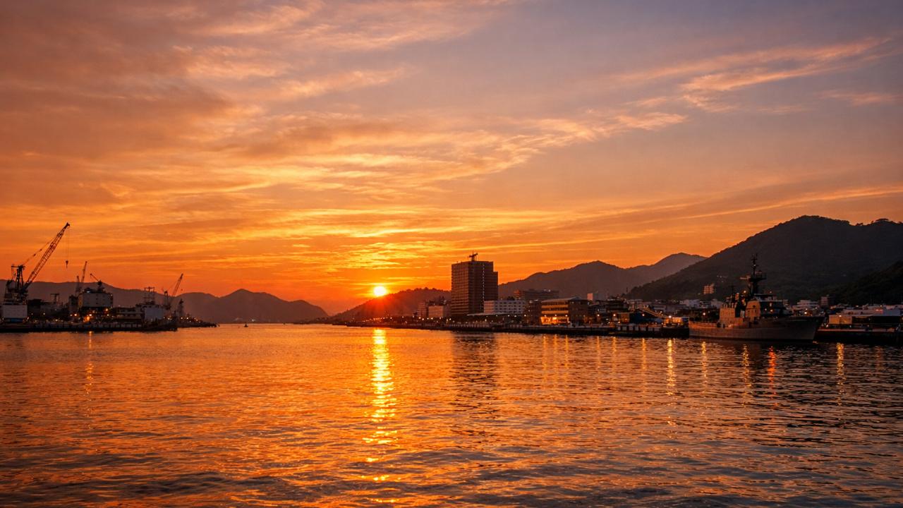 夕暮れの呉港、穏やかな海面にオレンジの空