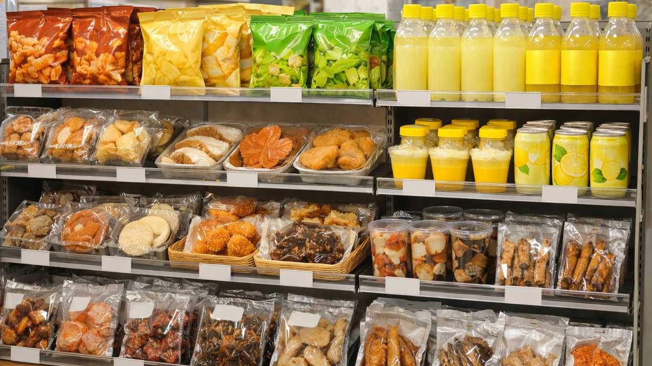 広島の街角のコンビニ店内をイメージした写真風。棚に「ご当地フレーバーのスナック」「和スイーツ」「レモン系ドリンク」「海鮮系おつまみ」が並ぶ