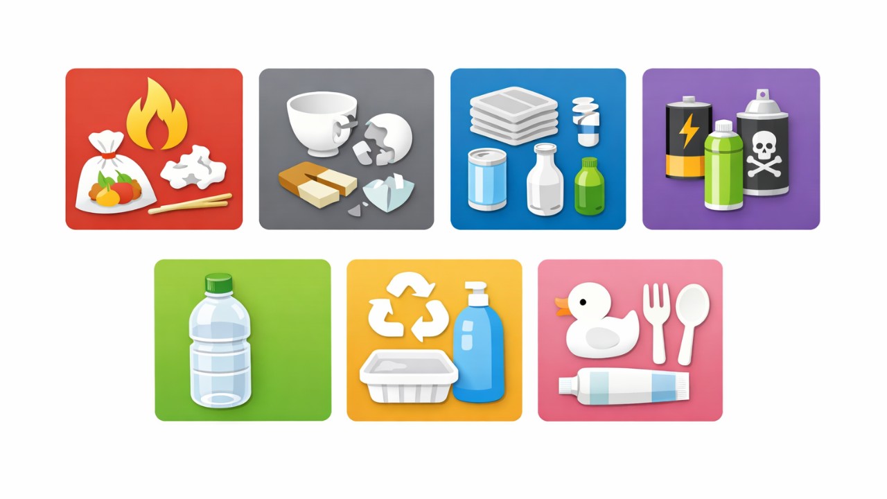 広島市の家庭ごみ分別の早見表。可燃・不燃・資源・有害・ペットボトル・リサイクルプラ・その他プラをアイコン付きで整理