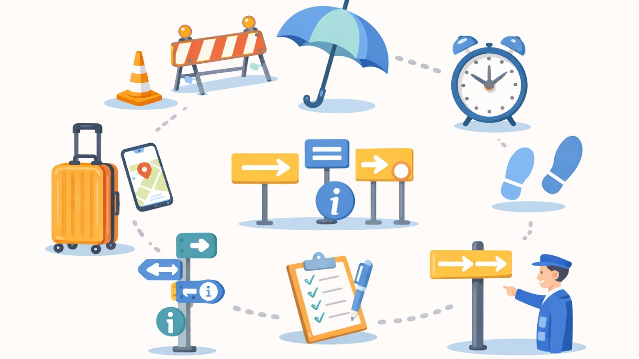 工事中に迷わないチェックリストを、アイコン中心のミニインフォグラフィック風に表現