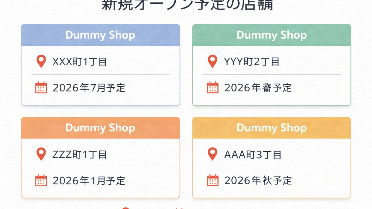 新規オープン予定の店舗カードが並ぶデザイン