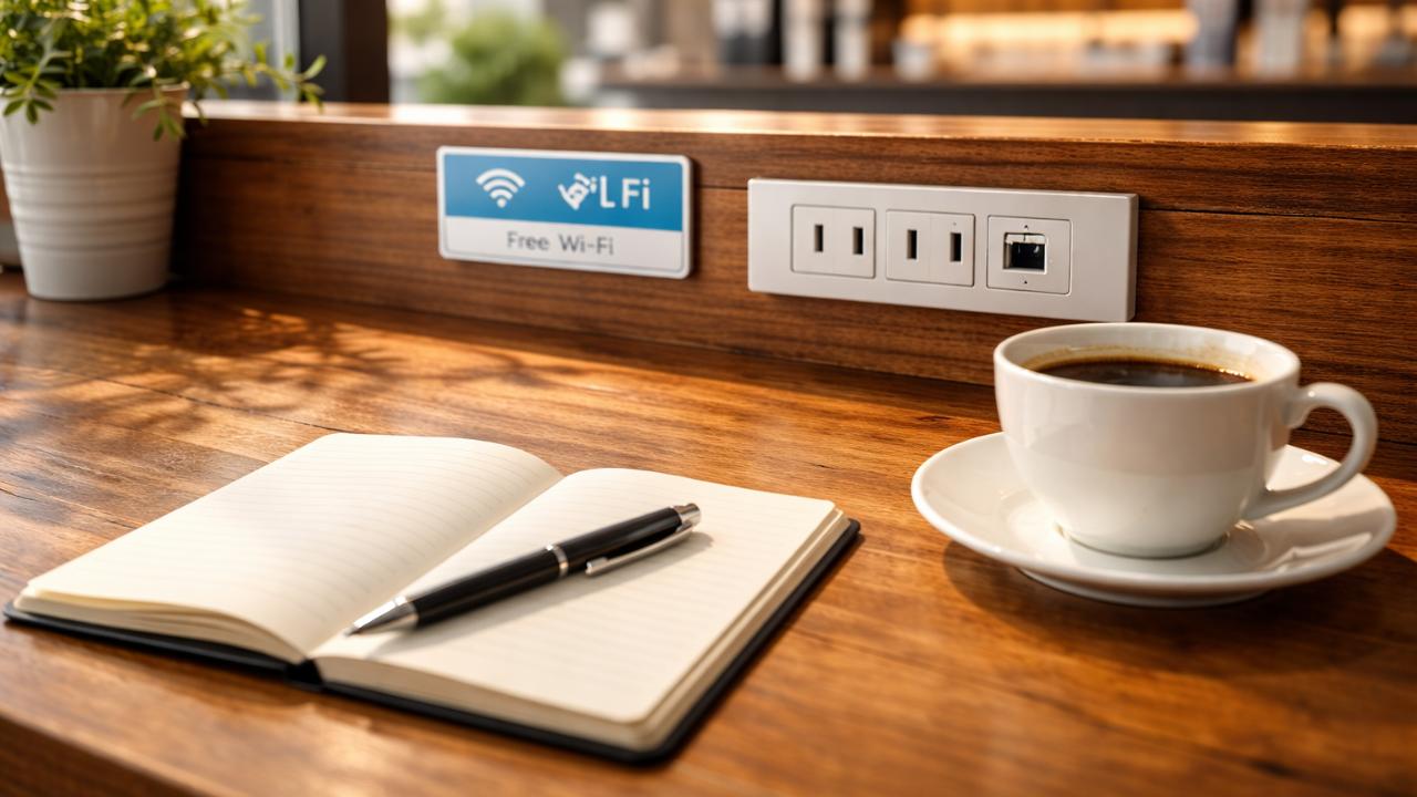 電源コンセントがあるカフェのカウンター席、Wi-Fiステッカー