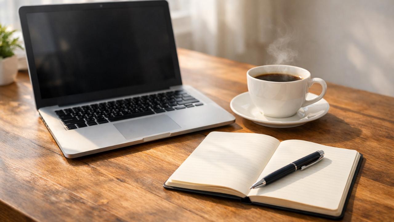 木製テーブル上のノートPCとコーヒーカップ