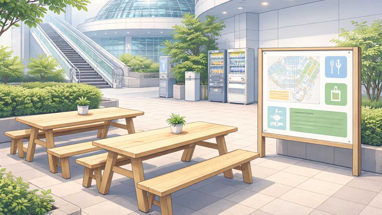 ミュージアムの休憩スペースを想起させるベンチと案内板のイメージ