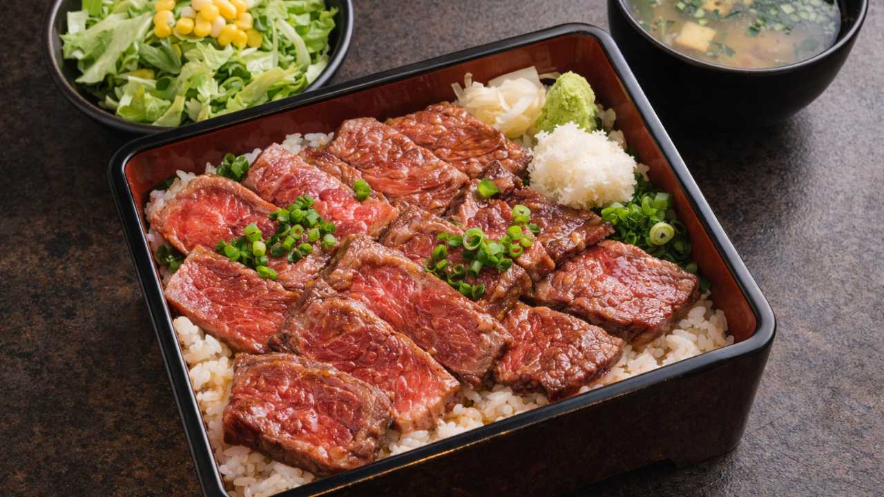 レアステーキ重の俯瞰、艶のある肉