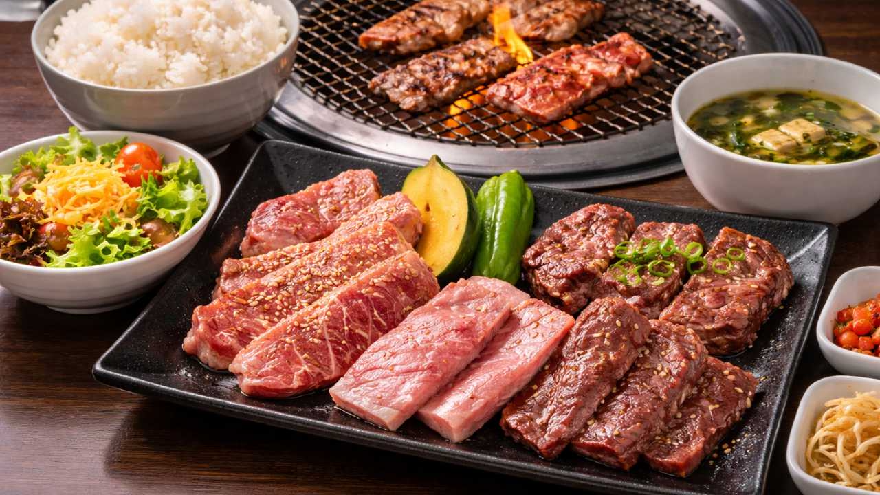 焼肉ランチセット、カルビとロースとハラミの盛り合わせ