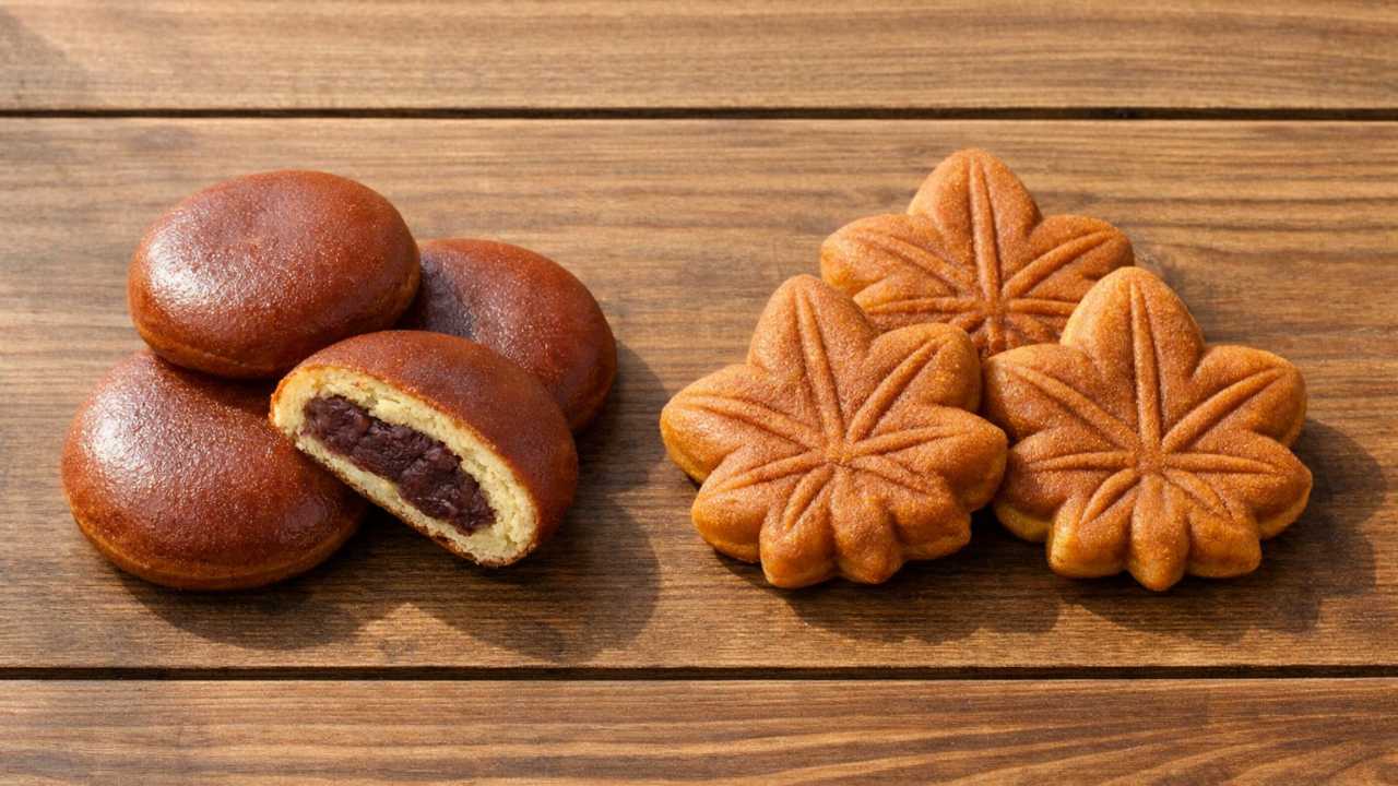 和菓子風の丸い菓子と紅葉の形の焼き菓子を並べた俯瞰写真風