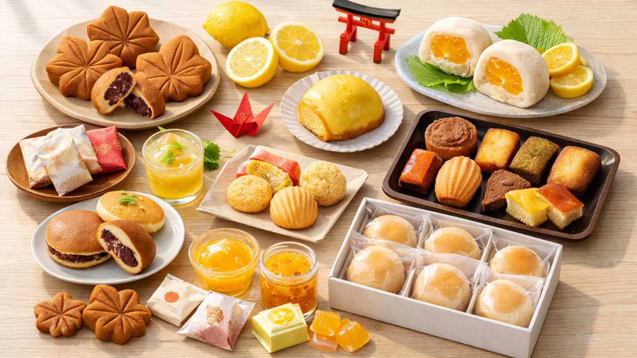 広島限定のお菓子詰め合わせを机上に並べた俯瞰写真風