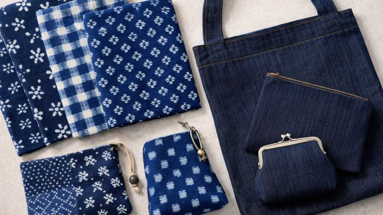 藍系の絣模様の布とデニム小物（ポーチ・トート）を並べた写真風