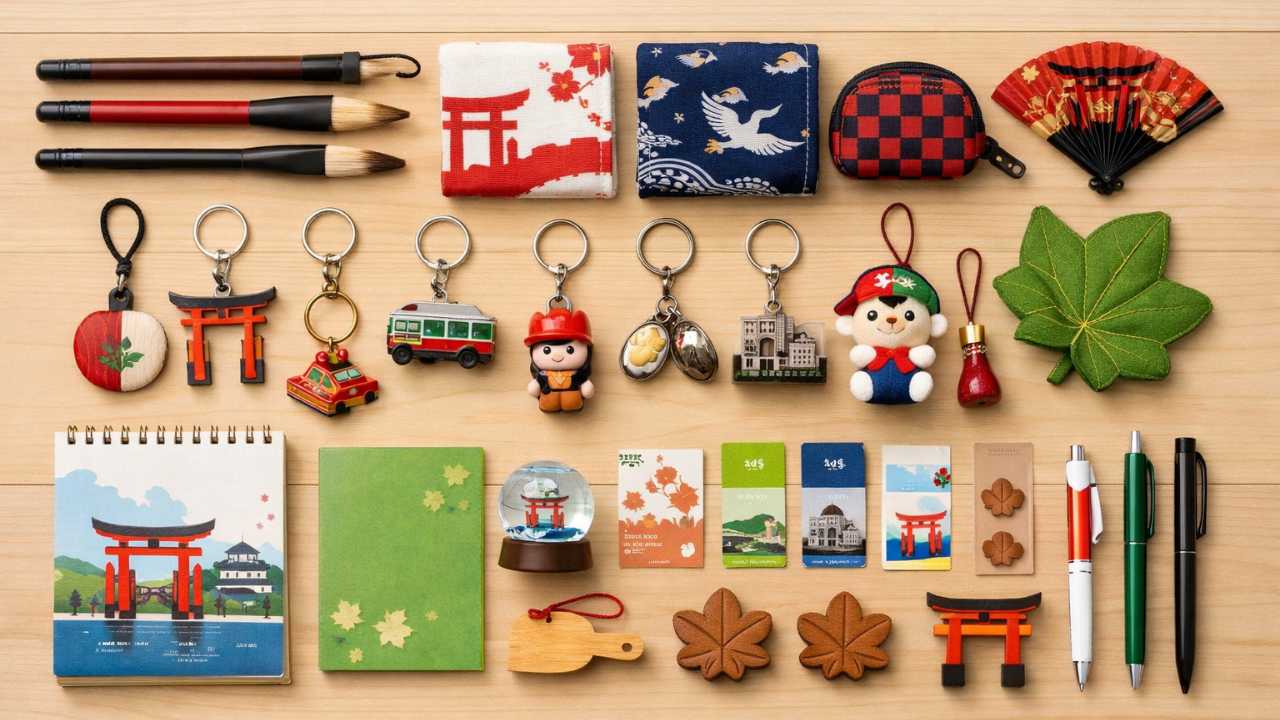 広島の食べ物以外のお土産（筆、布小物、キーホルダー、文具）