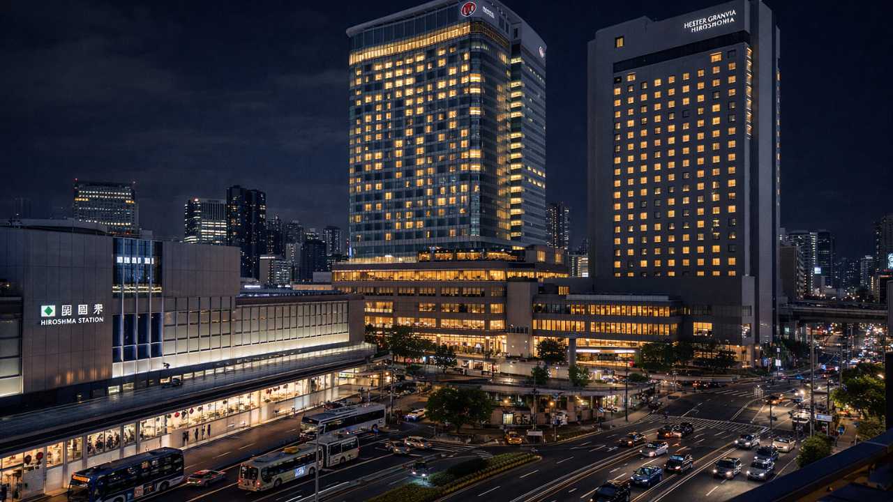 広島駅周辺の夜景と上質ホテルの外観イメージ