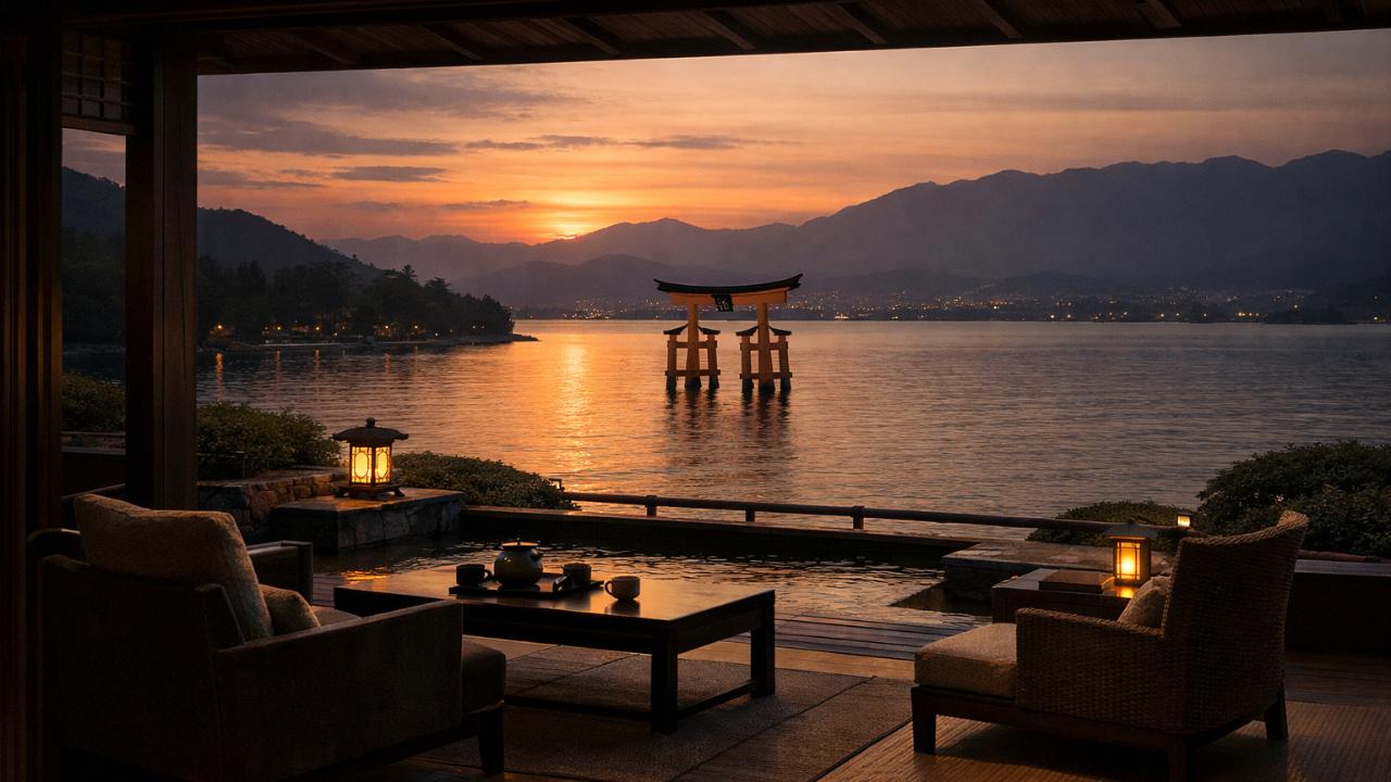 宮島の夕景、海と鳥居を遠景に、落ち着いた高級旅館の雰囲気