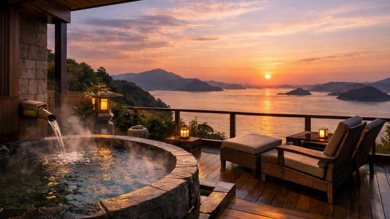 広島の瀬戸内海を望む高級旅館の客室テラス