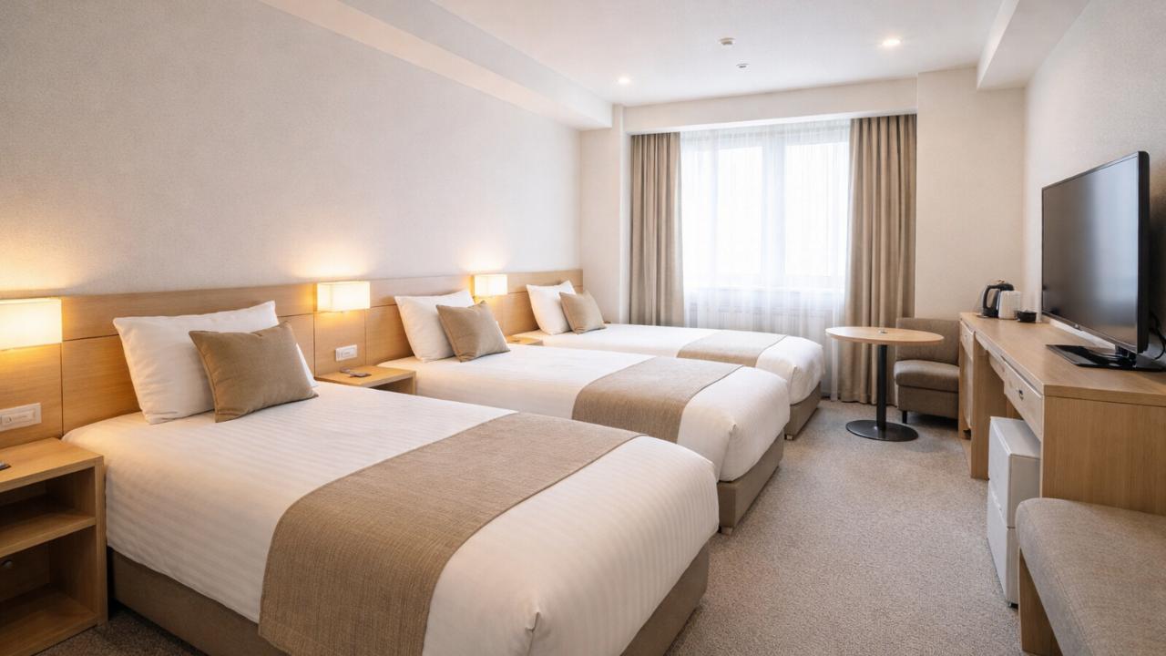 明るいホテル客室、シングルベッド3台のトリプルルーム