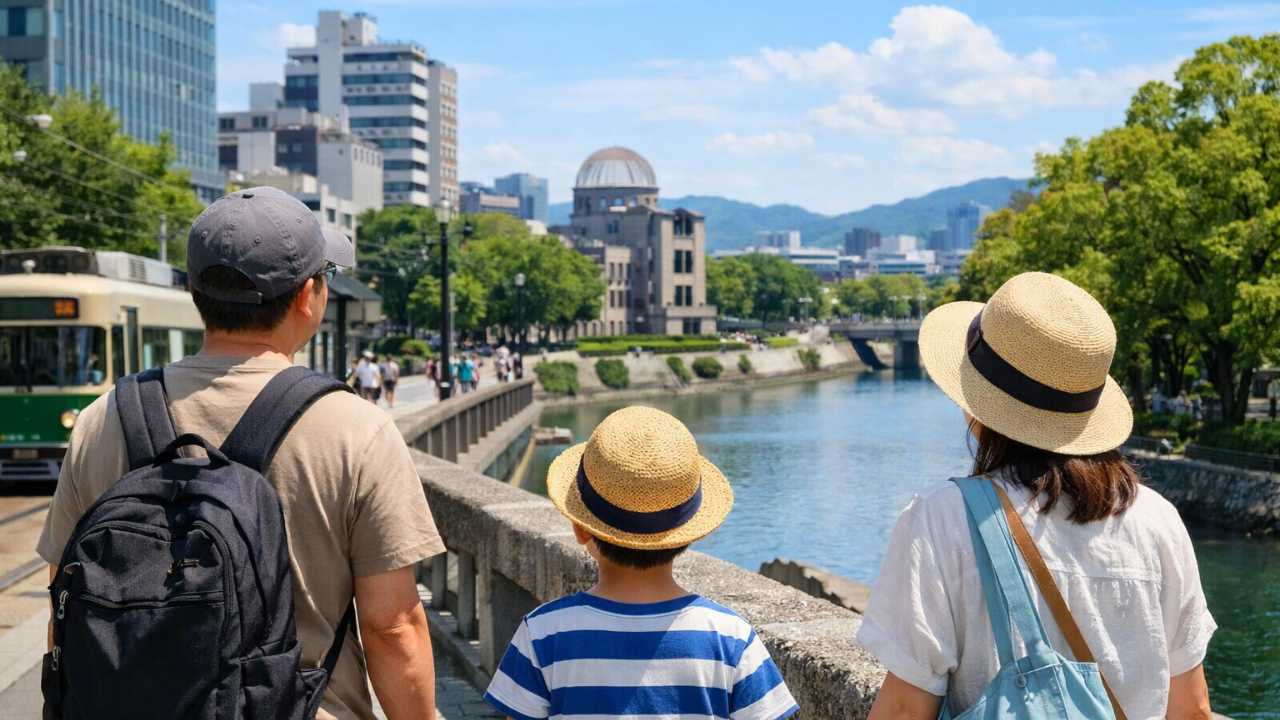 晴れた昼の広島市中心部の街並み、家族旅行の雰囲気