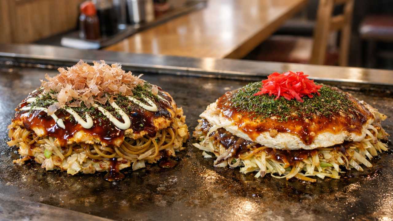 モダン焼きと広島風お好み焼きを横並びで比較
