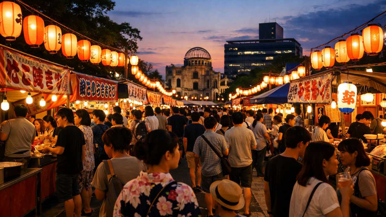 広島の夏祭りの屋台通り