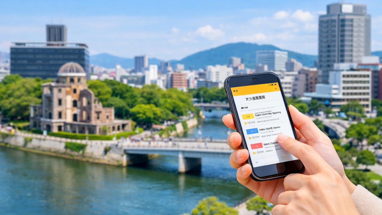 広島の街並みを背景に、スマホで新店舗情報を確認しているイメージ