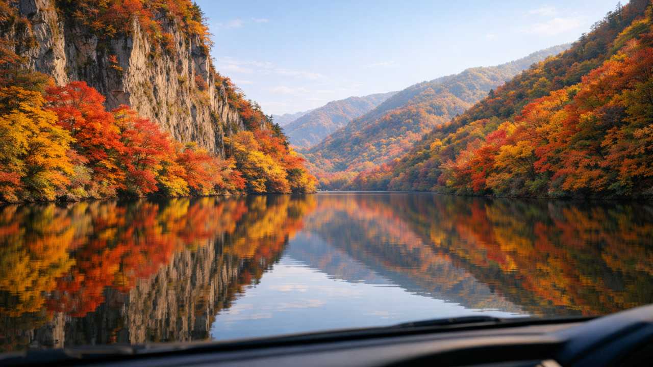 静かな湖面に紅葉が映り込む