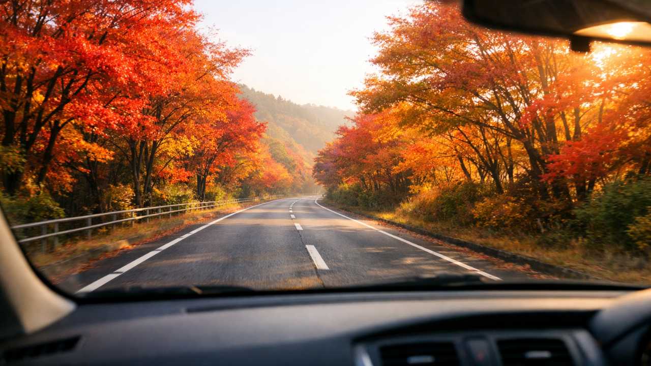 広島の郊外道路、両側に赤と橙の紅葉並木