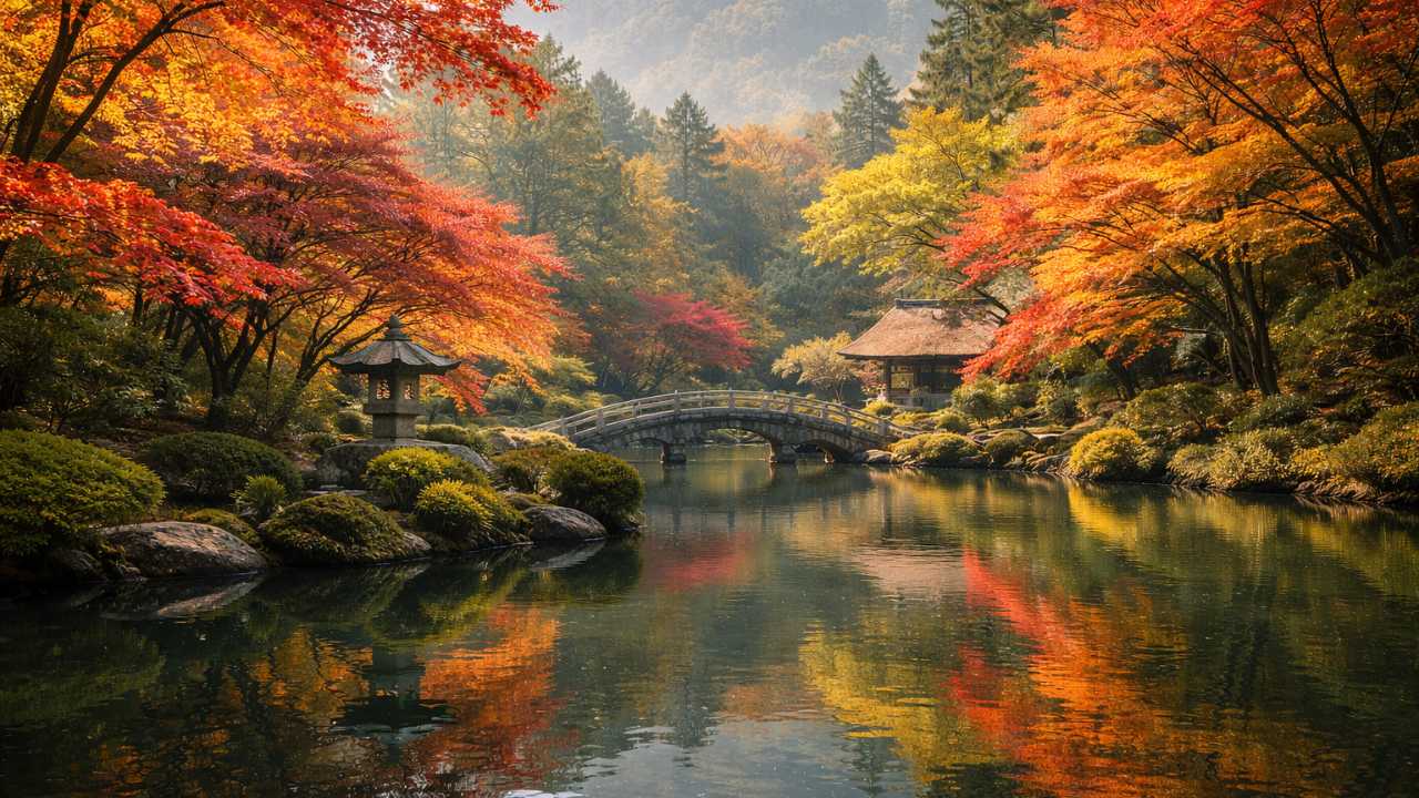 日本庭園の池に映る紅葉