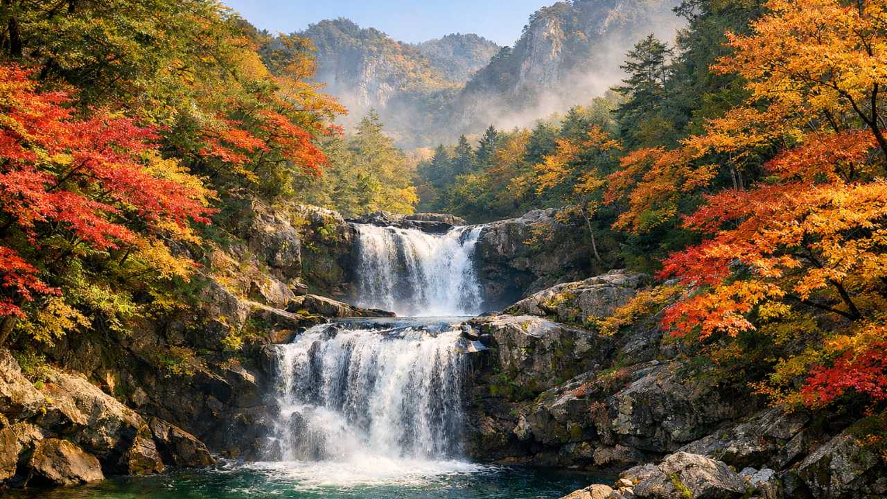 広島の秋、渓谷の滝と紅葉