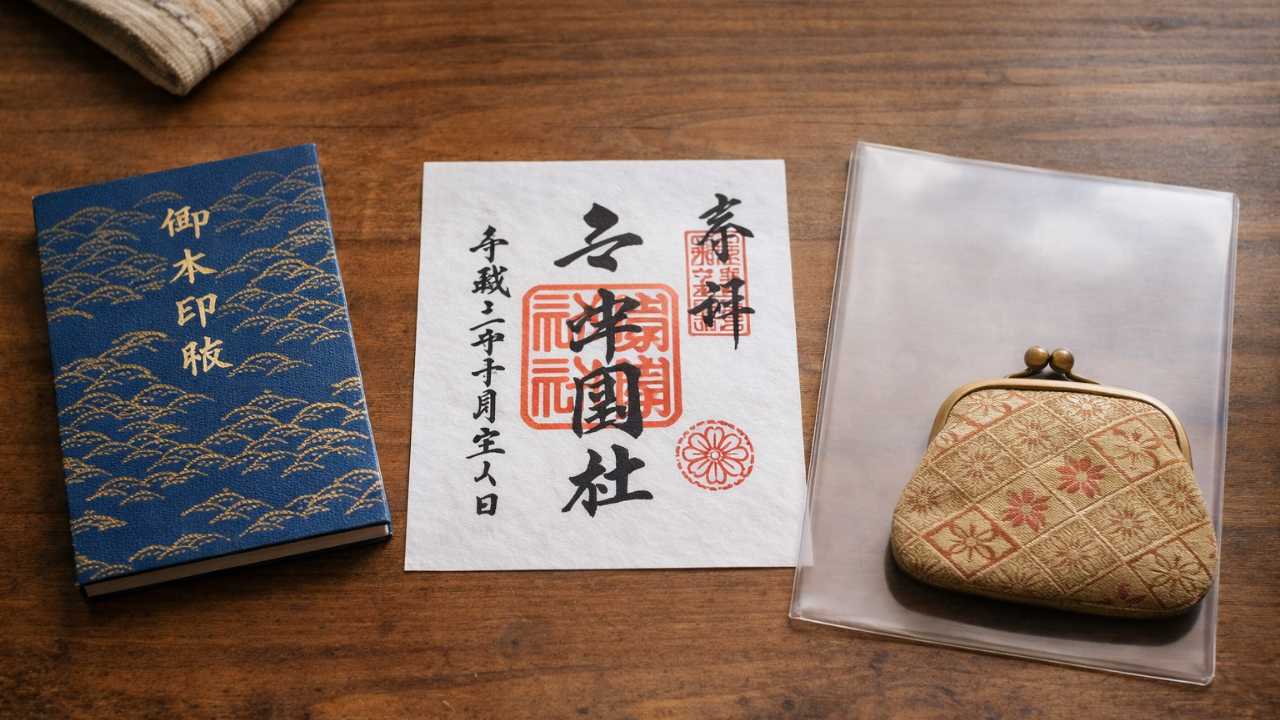 御朱印帳と半紙、クリアファイル、小銭入れを机の上に並べた静物写真風