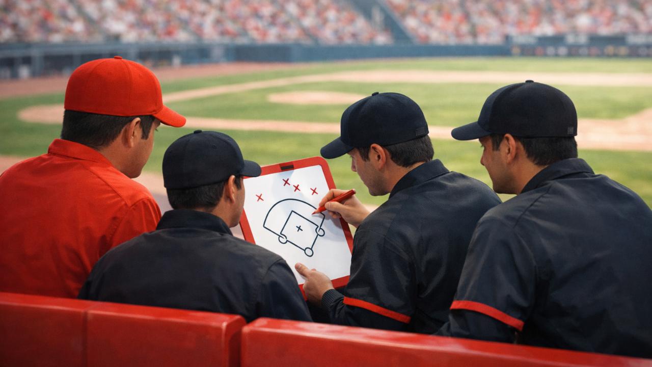 ベンチで作戦ボードを囲む監督とコーチ