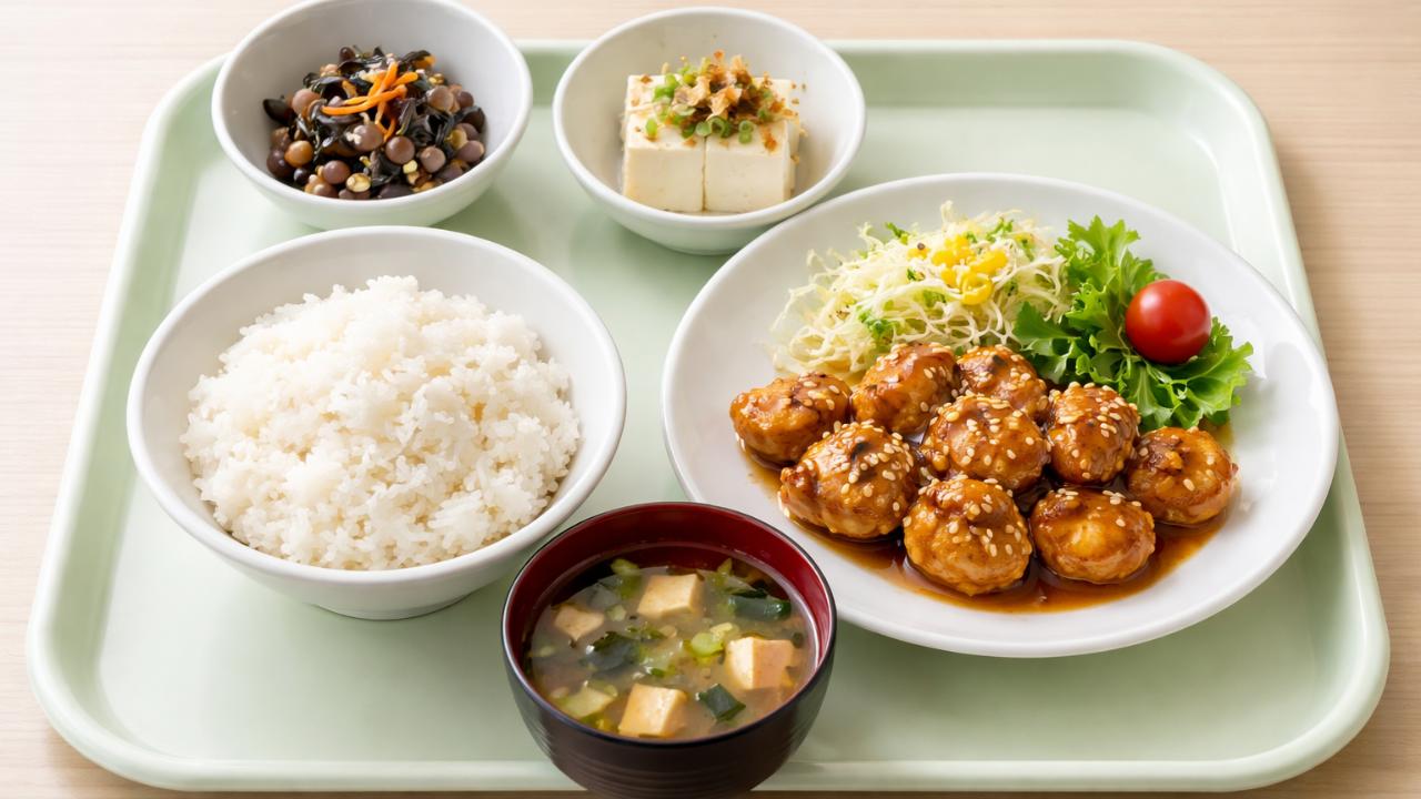 学食入口のメニュー掲示板をイメージした写真風