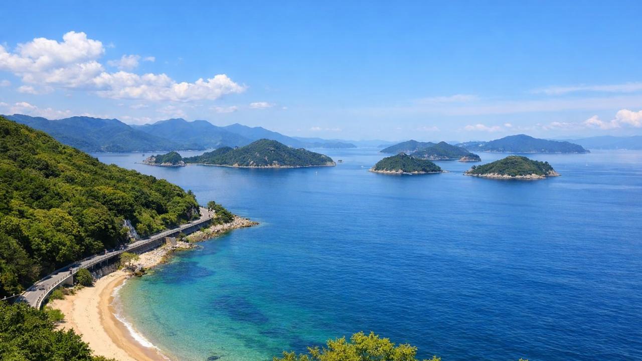 晴れた瀬戸内海、江田島の海岸線と多島美