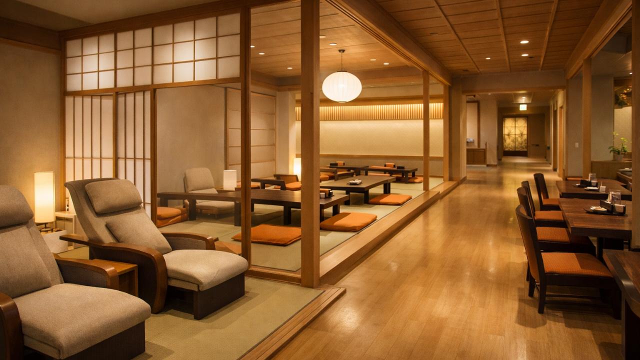 温浴施設の館内イメージ、落ち着いた休憩スペースと食事処の雰囲気