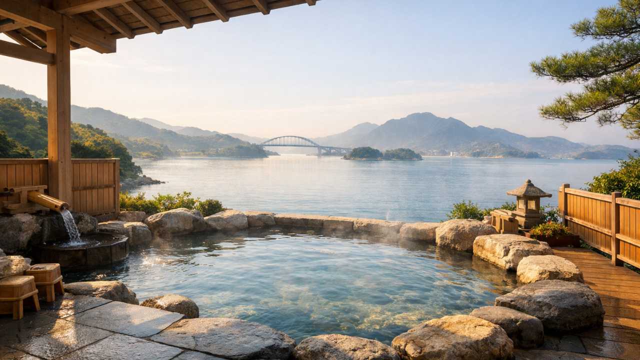 瀬戸内海を望む露天風呂の情景