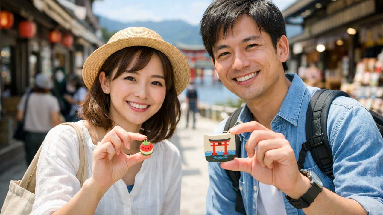 広島の観光街で手作り体験に向かう旅行者