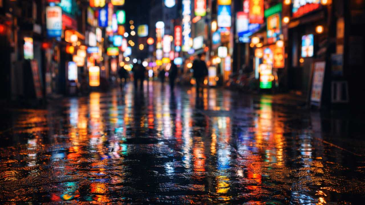 流川イメージ:ネオンが反射する夜の繁華街