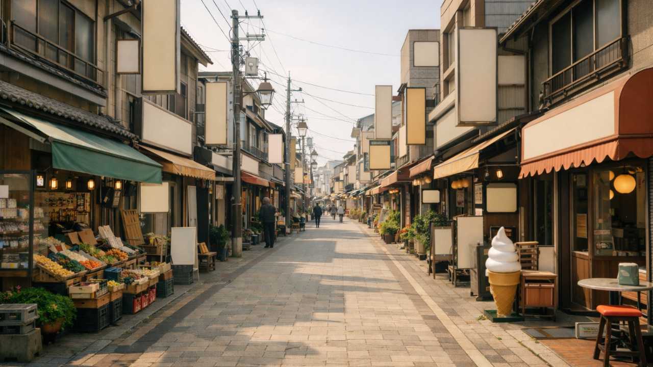 レトロな商店街の一本道、昭和の雰囲気
