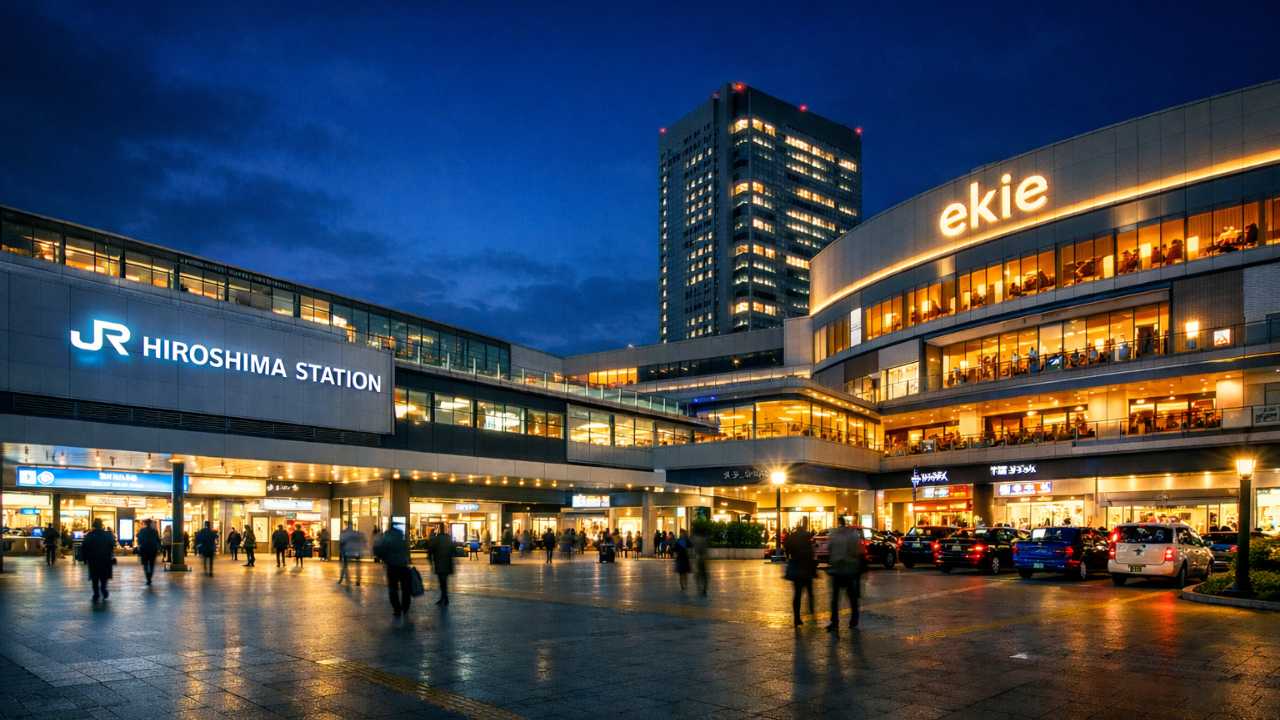 夜の広島駅と駅ビルを広角で撮影