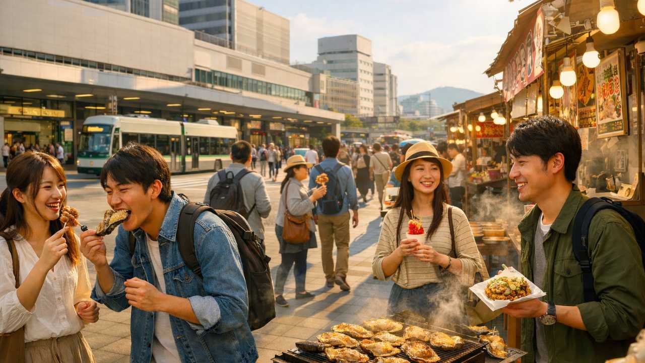広島駅周辺の食べ歩きを表現する横長の旅行写真風ビジュアル