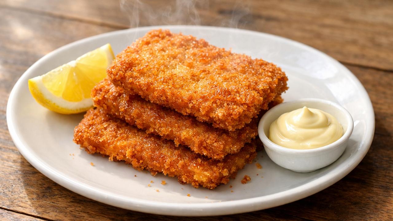 木製テーブルの上に白い皿、揚げたて風のがんすを3枚重ね