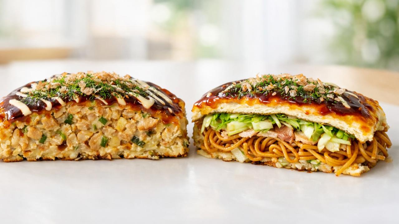 大阪風と広島風お好み焼きの断面比較