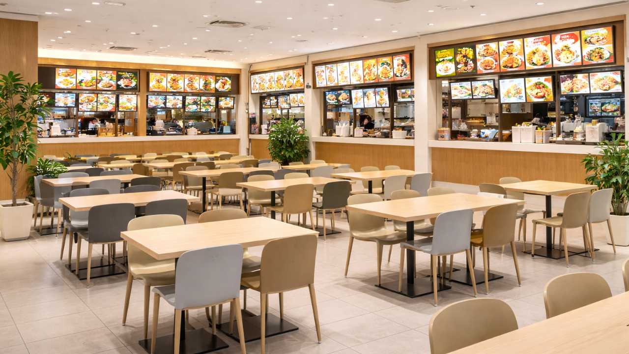 商業施設フードコートの席とメニュー看板のイメージ