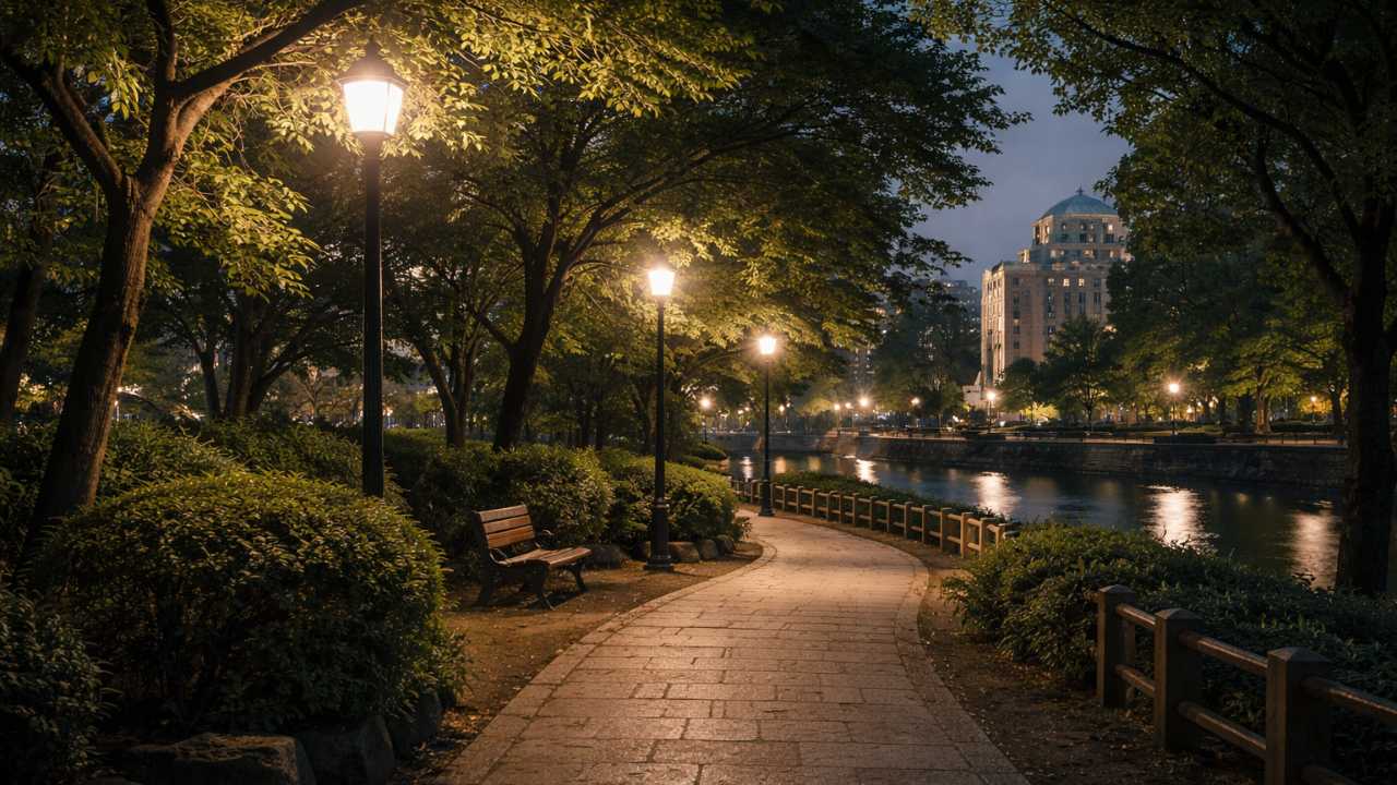 平和記念公園夜の夜の公園の小道