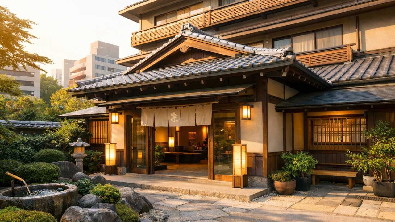 広島市中心部の落ち着いた和風旅館の外観