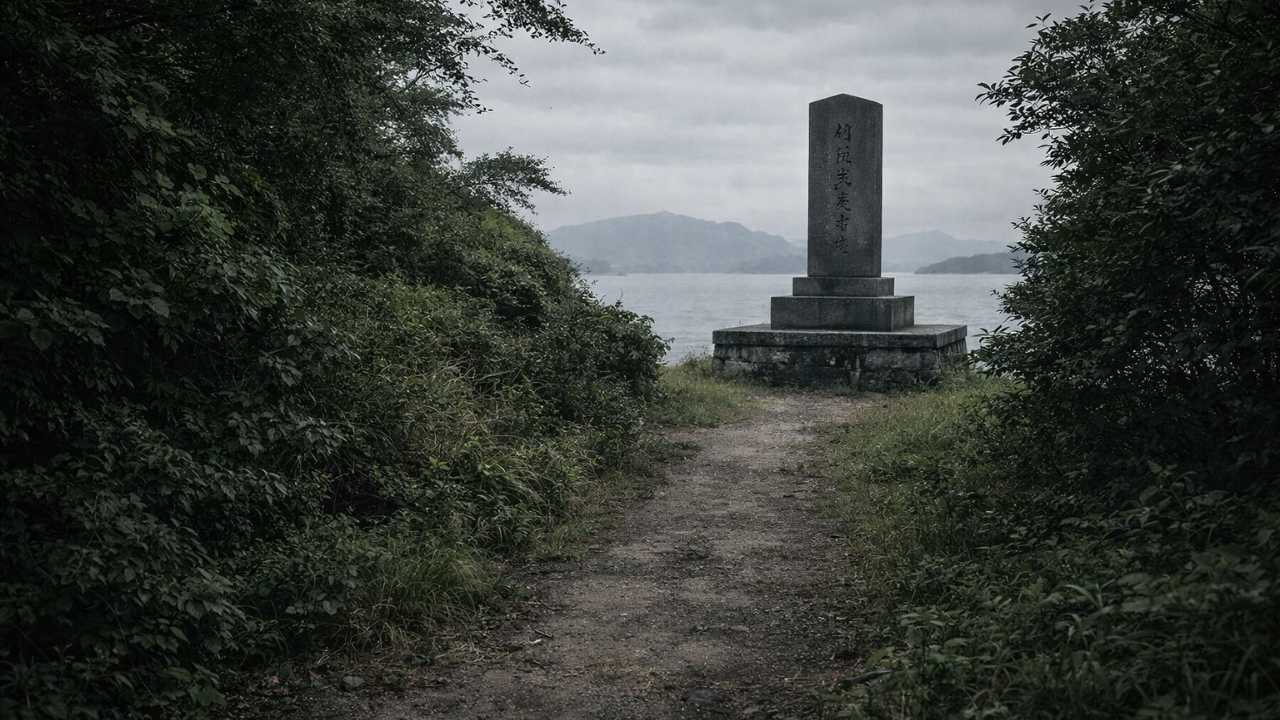島の静かな小径の先に、慰霊や記憶を想起させる石碑が遠景に見える写真風イメージ