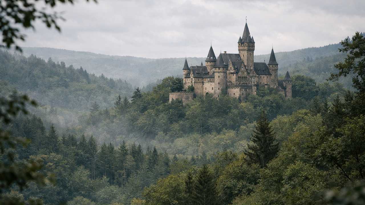 森の中に佇む城風の古い建物を遠景から撮影した写真風