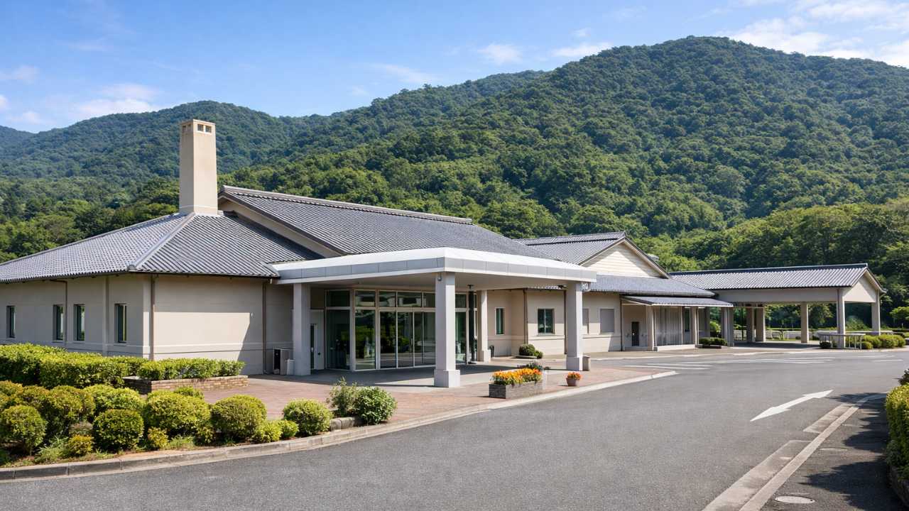 山の麓にある公営斎場の落ち着いた外観イメージ