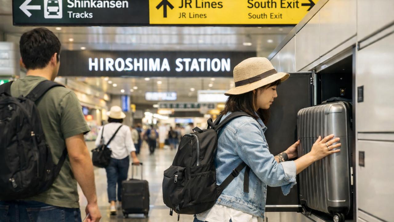 「広島駅の構内をイメージした、旅行者がスーツケースを預けているシーン
