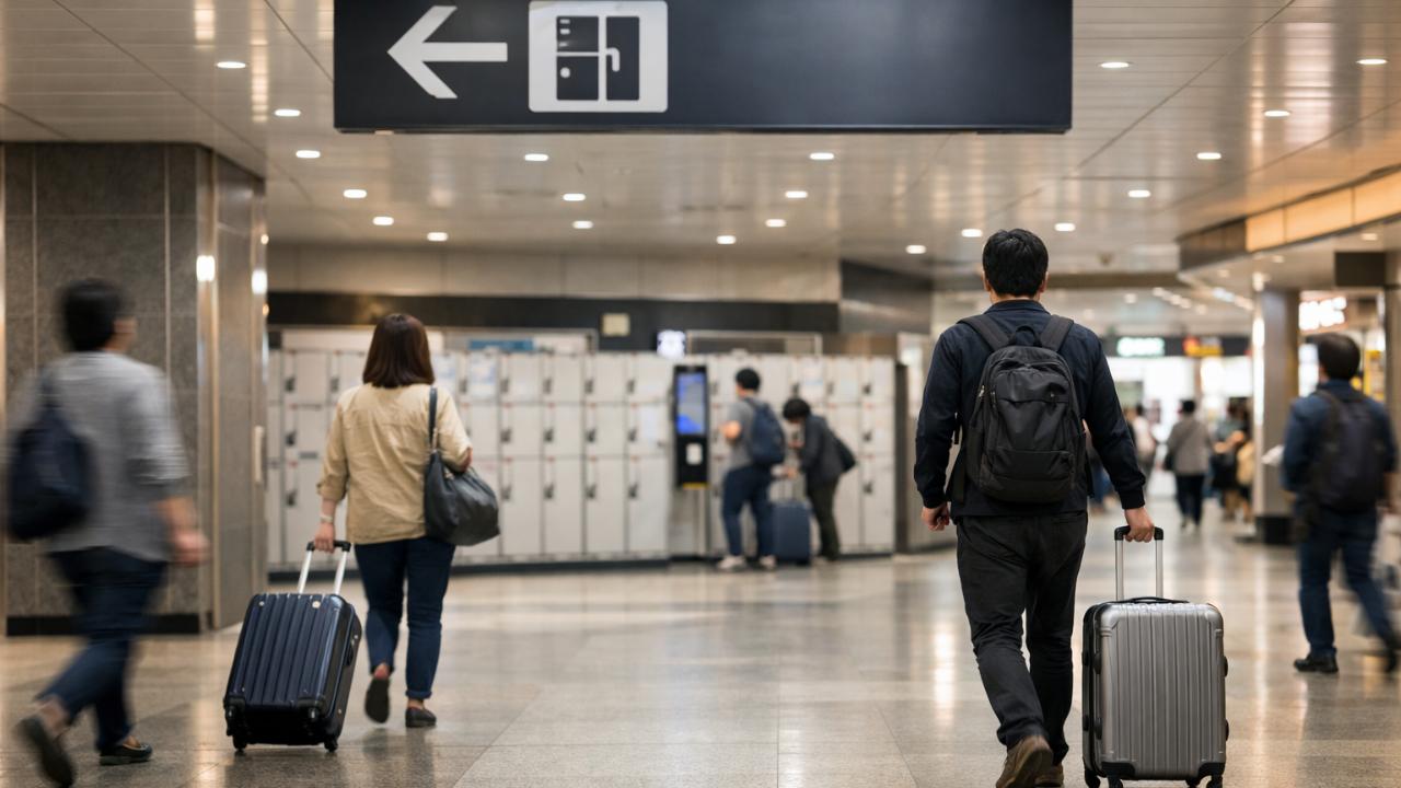広島駅の構内、コインロッカーコーナーの案内サインが見える広角
